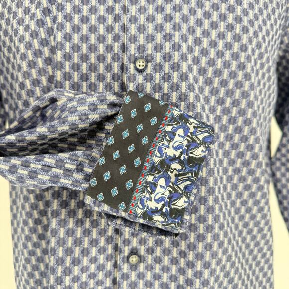 Robert Graham Woven Button Front Long Sleeve Shirt Navy Blue Geometric M - Picture 8 of 9